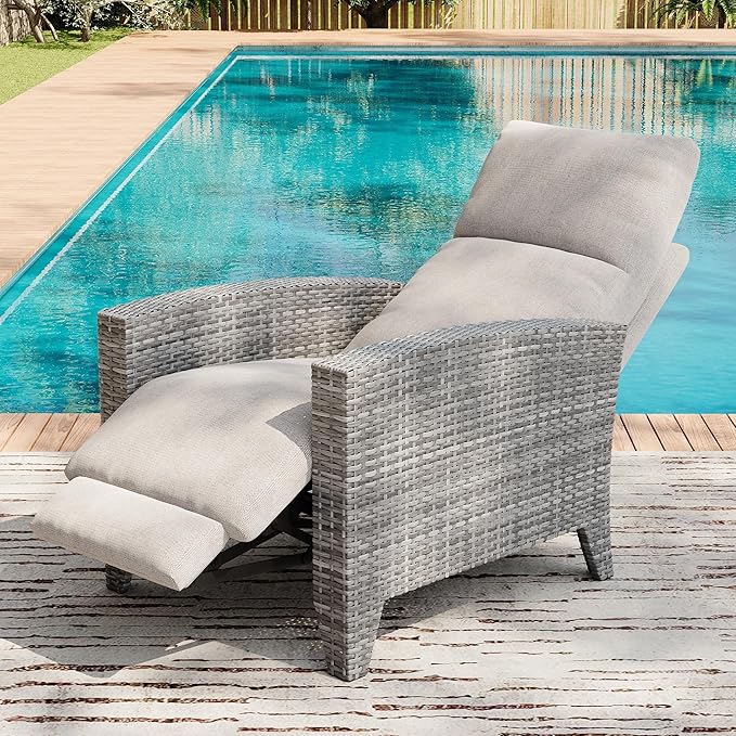 IDEALHOUSE Wicker Outdoor Recliner Reclining Patio Chairs with Adjustable Back & Footrest 150° Lay-Flat Reclining with Air Pump Rattan Flip-Up Side Table Outdoor Lounge Chairs for Pool Deck Balcony - Image 4