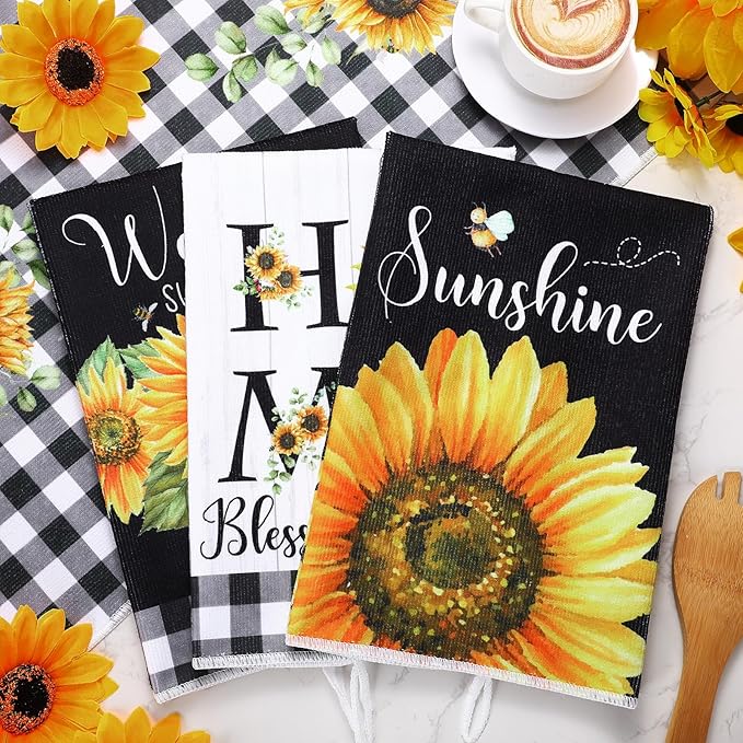 Bencailor 4 Pcs Sunflower Kitchen Towels Summer Black and White Tea Towels - Image 7