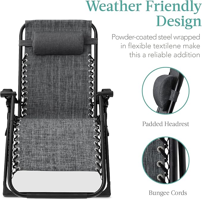 Best Choice Products Oversized Zero Gravity Chair, Folding Outdoor Patio Recliner, XL Anti Gravity Lounger w/Removable Cushion, Cup Holder, Side Tray, 350lb Capacity - Fossil Gray - Image 5