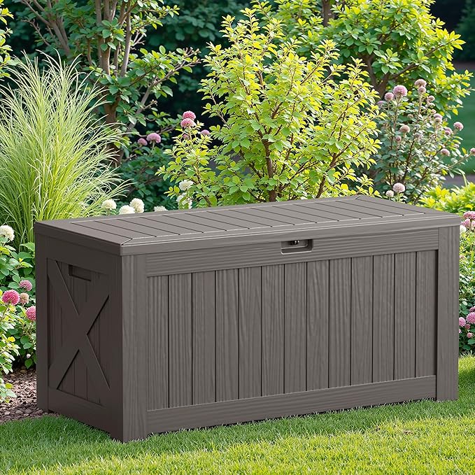 JUMMICO 120 Gallon Resin Deck Box, Large Outdoor Storage Box Waterproof & Lockable for Garden, Patio, Pools (Light Brown) - Image 5