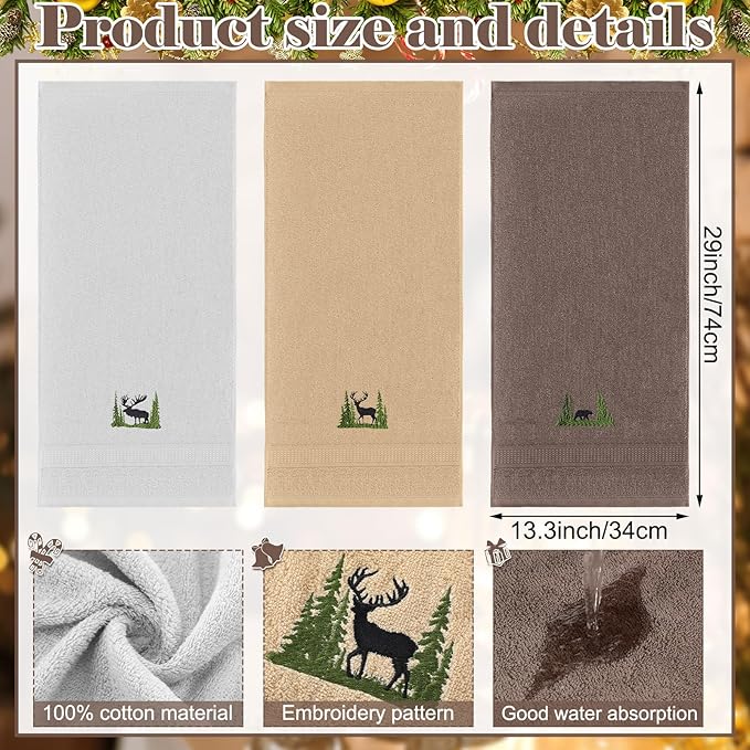 3 Pcs Farmhouse Cabin Bear Hand Towels Forest Moose Deer Embroidered Rustic - Image 2