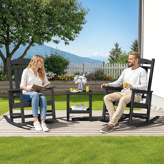 SERWALL HDPE Outdoor Rocking Chair Set of 2, Patio Rocking Chairs, All-Weather Porch Rockers for Adults, Black - Image 2
