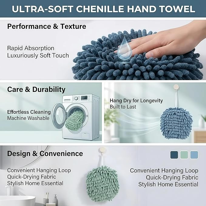 Soft Absorbent Chenille Ball Towel Sets, Quick Dry Hand, Towels - Image 3