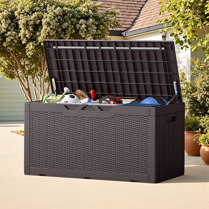 Greesum Outdoor Storage Box 100 Gallon Storage Bin with Lid for Patio Furniture, Garden Tools, Pool Supplies, Lockable, Waterproof and UV Resistant, Dark Brown - Image 3