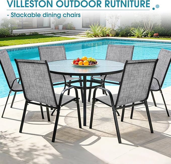 Outdoor Stackable Chairs Set of 6, Stacking Patio Chairs with Textilene Fabric, Outside Furniture for Garden Backyard Balconie Poolside Deck, Grey - Image 7
