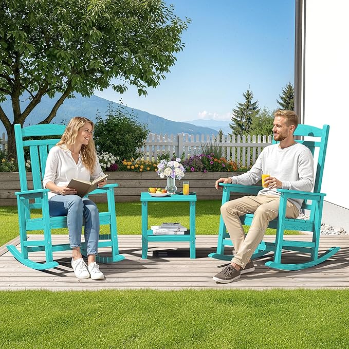 SERWALL HDPE Outdoor Rocking Chair Set of 2, Patio Rocking Chairs, All-Weather Porch Rockers for Adults, Aruba Blue - Image 2