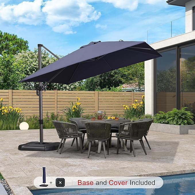 PURPLE LEAF 10'×10' Patio Umbrella with Base and Cover Outdoor Umbrella Large Cantilever Umbrella Windproof Offset Heavy Duty Sun for Garden Deck Pool Patio Navy Blue - Image 2