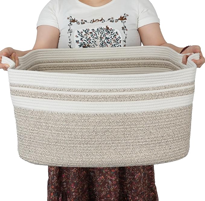 Large Rectangle Blankets Basket Living Room 22"x17"x12" Woven Cotton Rope by XUANGUO
