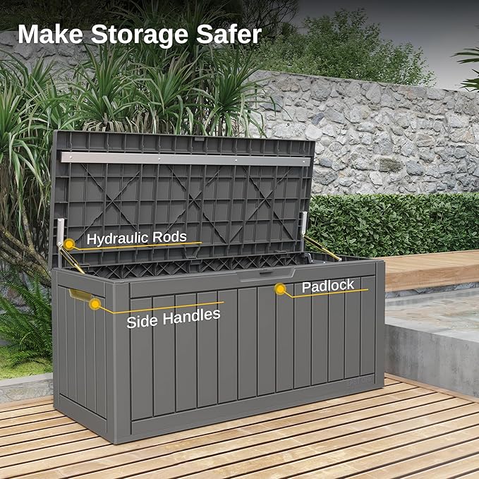 EAST OAK Outdoor Storage Box, 90 Gallon Deck Box, Waterproof Resin Storage Bin for Patio Cushions, Gardening Tools, Lockable, UV Resistant, Grey - Image 6