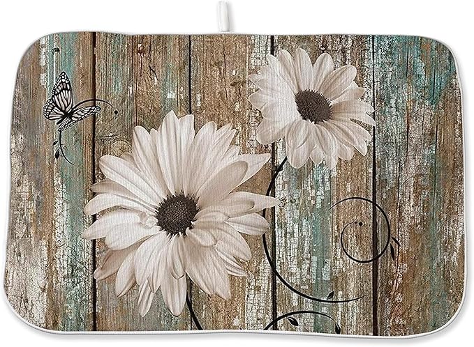 Rustic Daisy Dish Drying Mats 18x24 Inch Vintage Sunflowers on Wooden Board by GOLIANDA