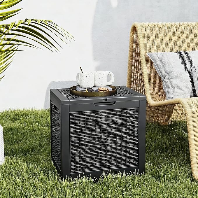 NEWBULIG 31 Gallon Outdoor Storage Box, Waterproof Deck Box with Lockable Lid, Patio Furniture Bench & Side Table, Easy Assembly, for Garden, Pool, Patio & Backyard Organization, Rattan Texture Black - Image 7