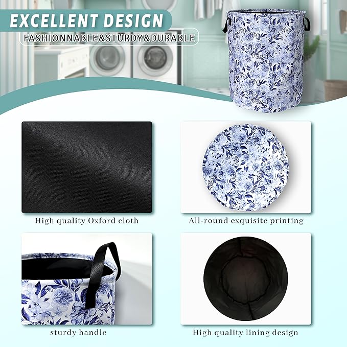 Blue Flower Floral Laundry Basket Foldable - Image 4
