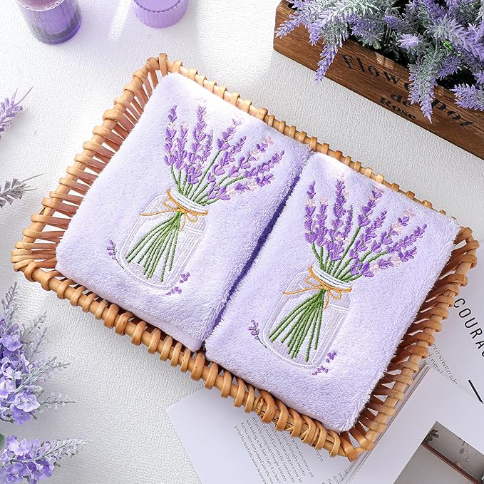 2 Pcs Lavender Hand Towels Purple Bathroom Decor 14x29 Inch Embroidered 100% - Image 6