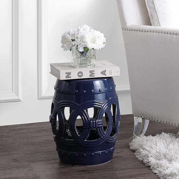 JONATHAN Y TBL1022B Lucky Coins 16" Chinese Ceramic Drum Indoor/Outdoor Garden Stool Bohemian, Coastal, Classic, Cottage, French Country, Traditional, Side Table, Plant Stand, Spill-Proof, Navy - Image 2