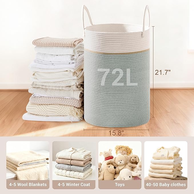 Tall Laundry Basket with Handles, 72L Portable Dirty Clothes Hamper, Boho - Image 2