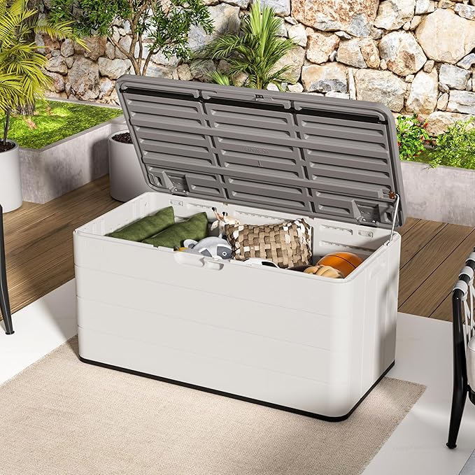 TARKARI Premium Pro Edition 100 Gallon Lockable Resin Deck Box, Waterproof & UV-Resistant Outdoor Storage Box for Outdoor Cushion Storage, Garden Tools & Pool Accessories Storage, White - Image 3