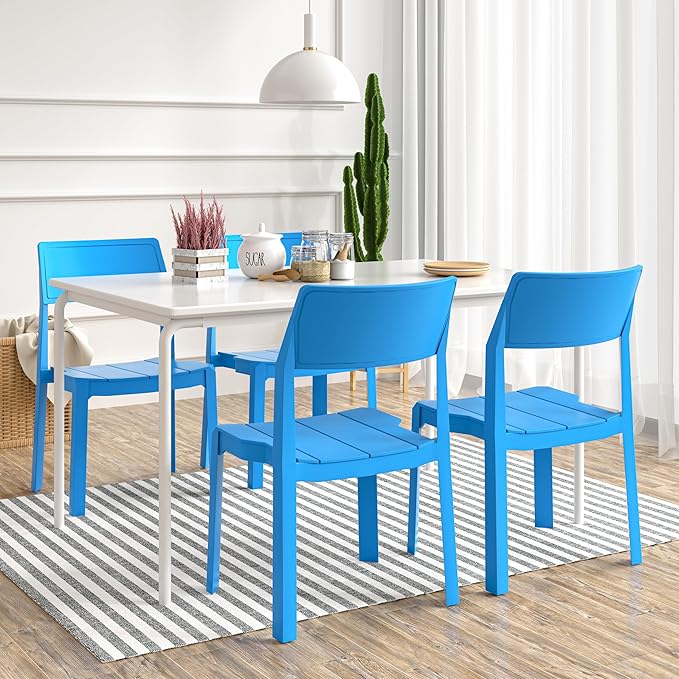 VECELO 4 Pack Stackable Dining Chairs, Plastic Patio Chairs for Indoor Outdoor Use in Kitchen, Poolside, No Assembly, Matte Blue - Image 3