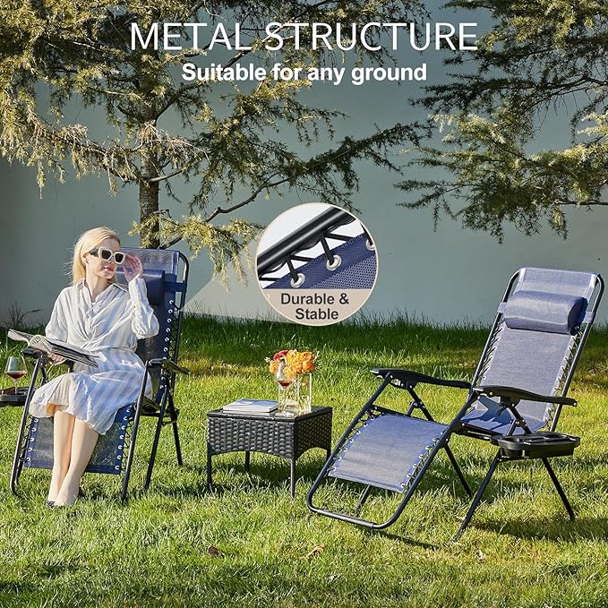Sweetcrispy Zero Gravity Chairs, Set of 2 Portable Recliner Beach Camping Patio Outdoor Folding Lounge Chair with Cup Holder Trays and Adjustable Pillow for Poolside, Garden, Backyard, Lawn (Blue) - Image 5