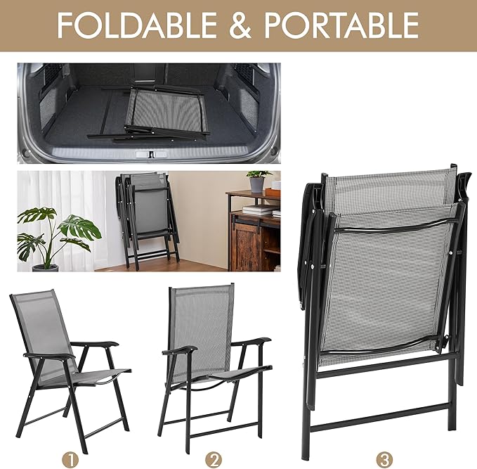 Yaheetech Patio Dining Chairs Set of 2 with Armrests, Outdoor Folding Chairs with Metal Frame and Backrest for Lawn, Garden, Yard and Poolside, Gray - Image 4