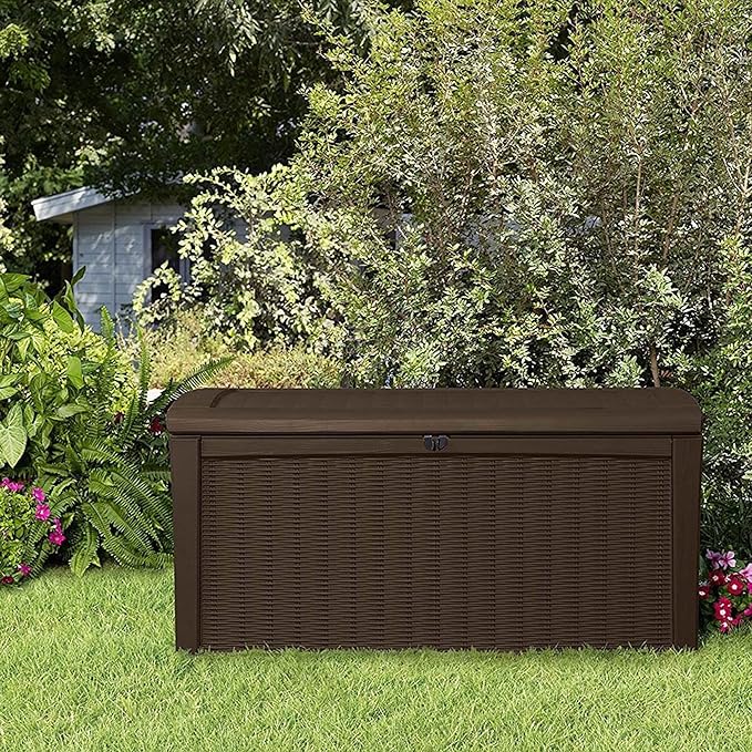 Keter Borneo 110 Gallon Resin Deck Box - Organization and Storage for Patio Furniture, Outdoor Cushions, Throw Pillows, Garden Tools and Pool Toys, Brown - Image 8