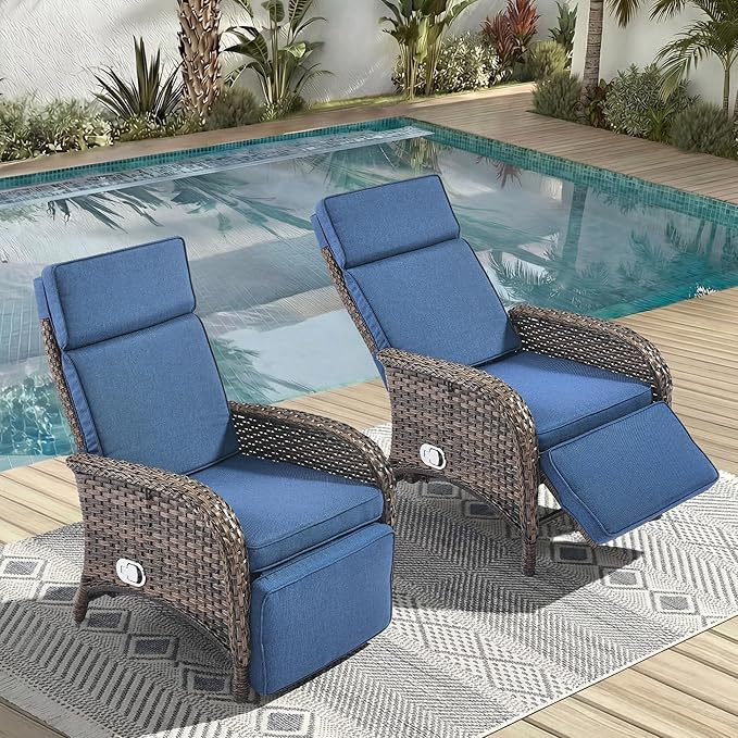 Zero Gravity Wicker Patio Recliner Chairs Set of 2 - Wicker Outdoor Lounge Chair with Adjustable Backrest & Footrest, All Weather Outdoor Reclining Chairs with Thick Cushion for Pool Deck Blue by JelwalyPatioFurnitureSet