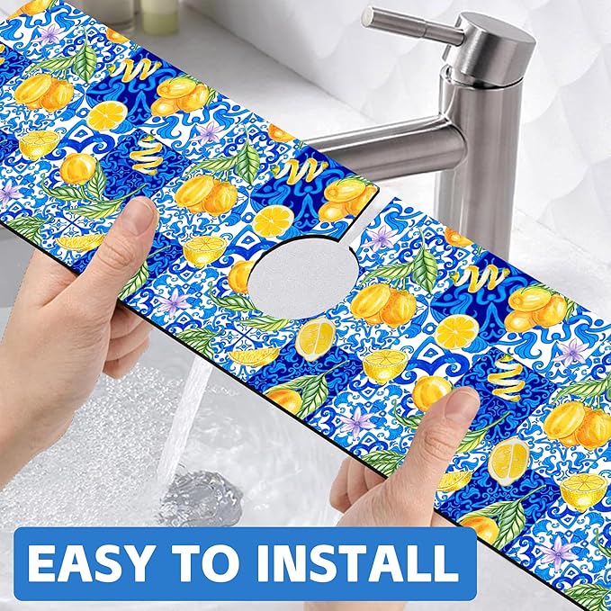 Blue Tiles and Yellow Lemon Sink Faucet Absorbing Mat Sink Splash Guard Faucet - Image 6