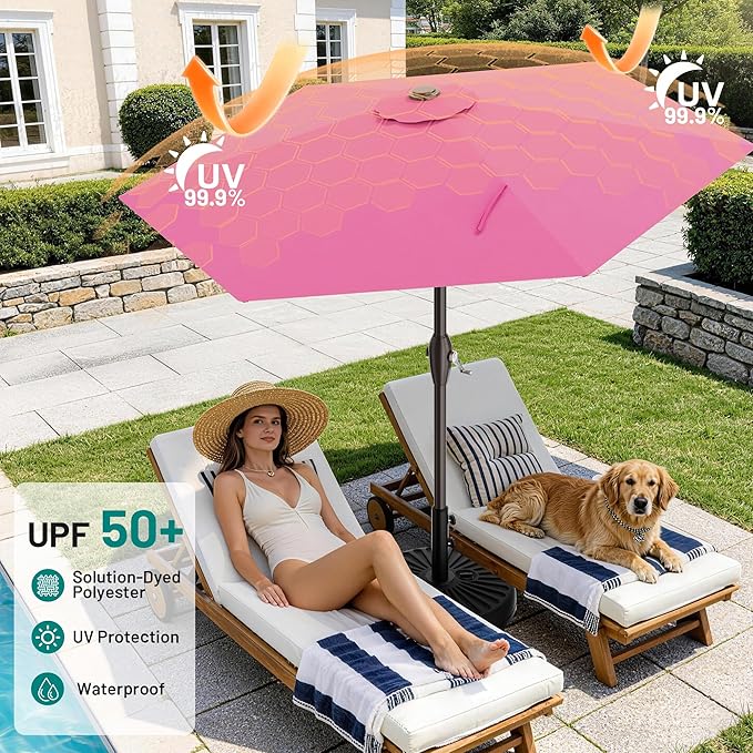 AreShark 7.5FT Patio Umbrella Table Market Umbrella with 6 Sturdy Ribs, Button Tilt/Crank, Heavy-Duty Outdoor Umbrellas for Pool, Deck, Garden and Backyard, Rose Pink - Image 3