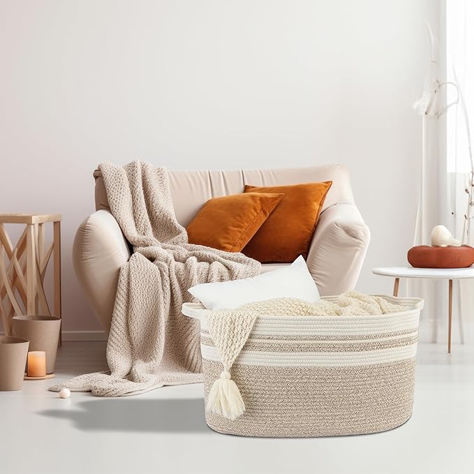 Large Rectangle Blankets Basket Living Room 22"x17"x12" Woven Cotton Rope - Image 5