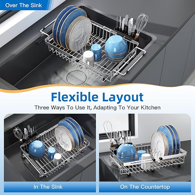 romision Expandable Dish Drying Rack Over The Sink Small Metal Stainless Steel - Image 4