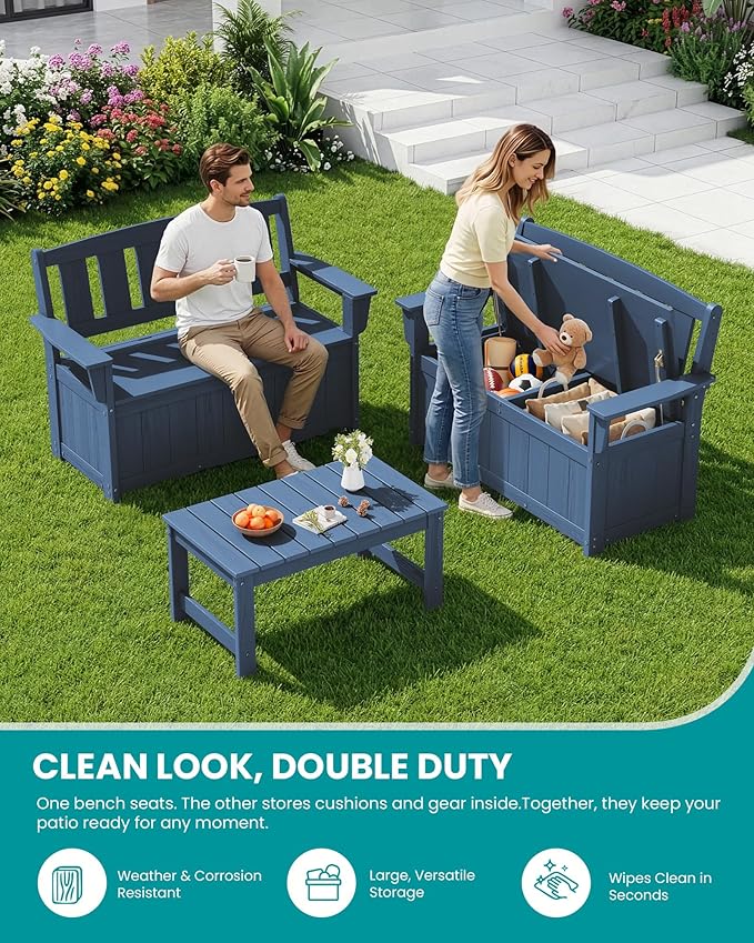 SERWALL HDPE Outdoor Storage Bench, All-Weather, UV-Resistant Deck Box with Waterproof Storage Bags, 57 Gallon Dual-Use Seat & Organizer Deck Boxes for Patio, Garden Tools & Pool (Navy Blue) - Image 7