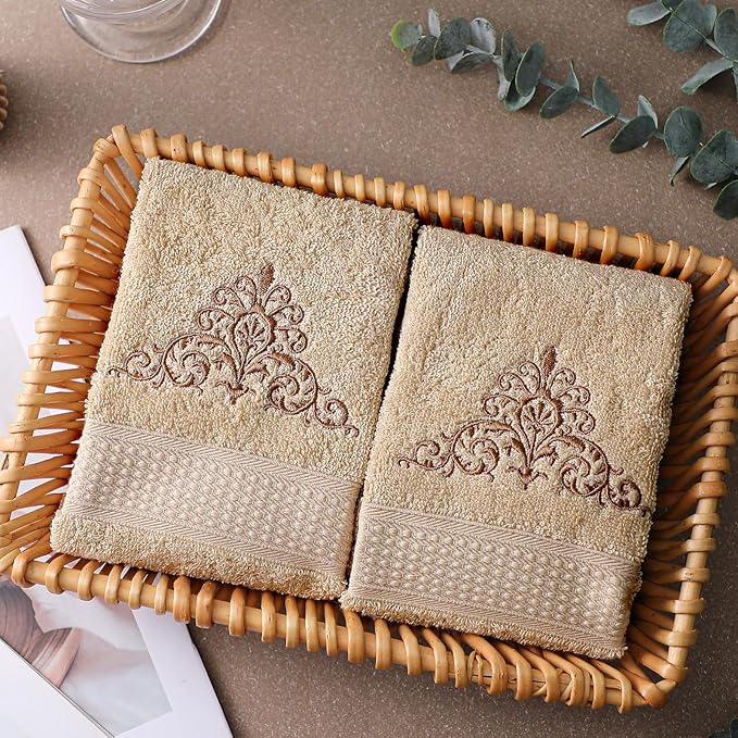 2 Pcs Damascus Hand Towels Brown Farmhouse Bathroom Decor 14x29 Inch - Image 2