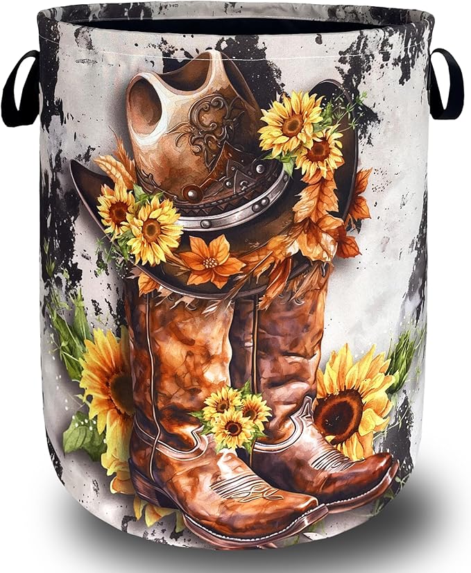 Retro Cows Laundry Basket Western Cowboy Foldable Funny Laundry Hamper Oxford by SELIONLIKN