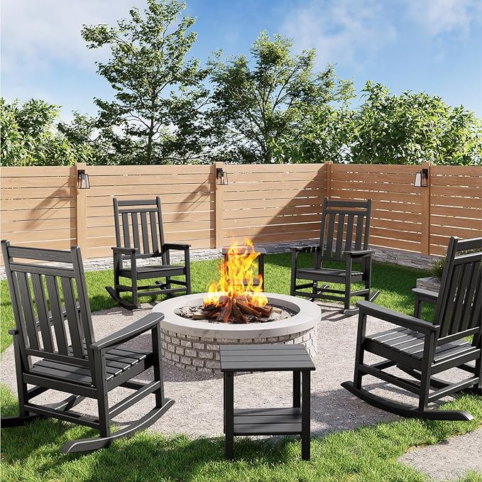 GarveeLife Poly Lumber Rocking Chair Outdoor Set of 4 with 2 Side Table - HDPE High Back Porch Rocker Chairs for Adults - All Weather Resistant Furniture for Patio - Black by GarveeLife