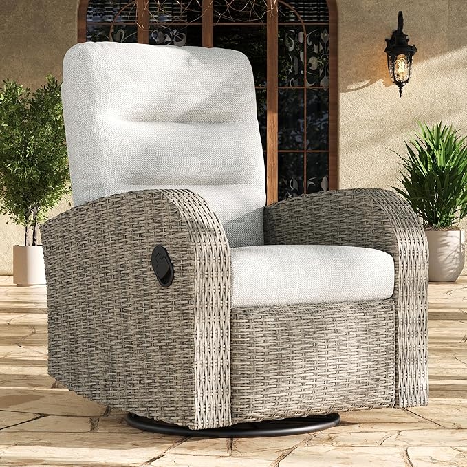 LayinSun Oversized Wicker Outdoor Swivel Glider Recliner with Adjustable Backrest & Footrest, Patio Reclining Lounge Chair by LayinSun