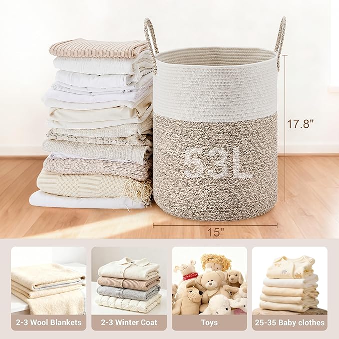Tall Laundry Basket with Handles, 53L Portable Dirty Clothes Hamper, Boho - Image 2