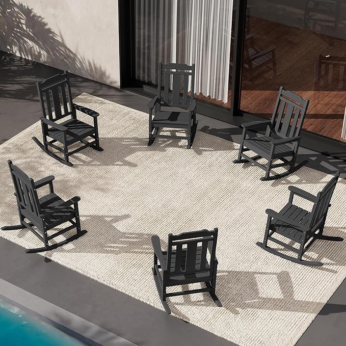 SERWALL Outdoor Rocking Chair Set of 6, Patio Rocking Chair Sets, HDPE Rocking Chair for Adults, Black by SERWALL