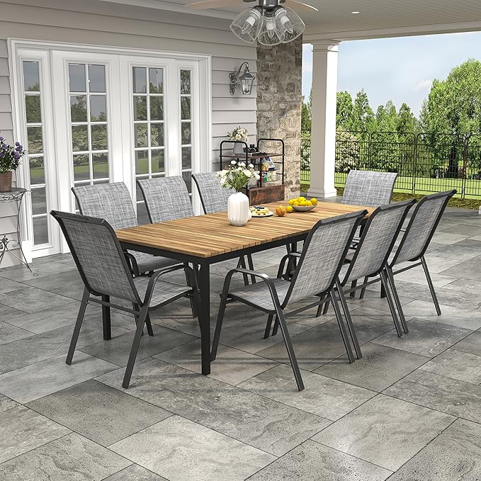 Patio Chairs Set of 8, Stackable Outdoor Dining Chairs for All Weather Textilene Fabric & Metal Frame, Outdoor Chairs Set for Backyard Deck Garden (Grey, Set of 8) - Image 3