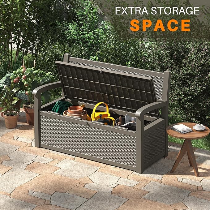 80 Gallon Outdoor Storage Box, Resin Patio Furniture with Armrest, Lockable Deck Box with Waterproof and UV Resistant for Patio Cushions, Garden Tools and Pool Supplies, Grey - Image 5