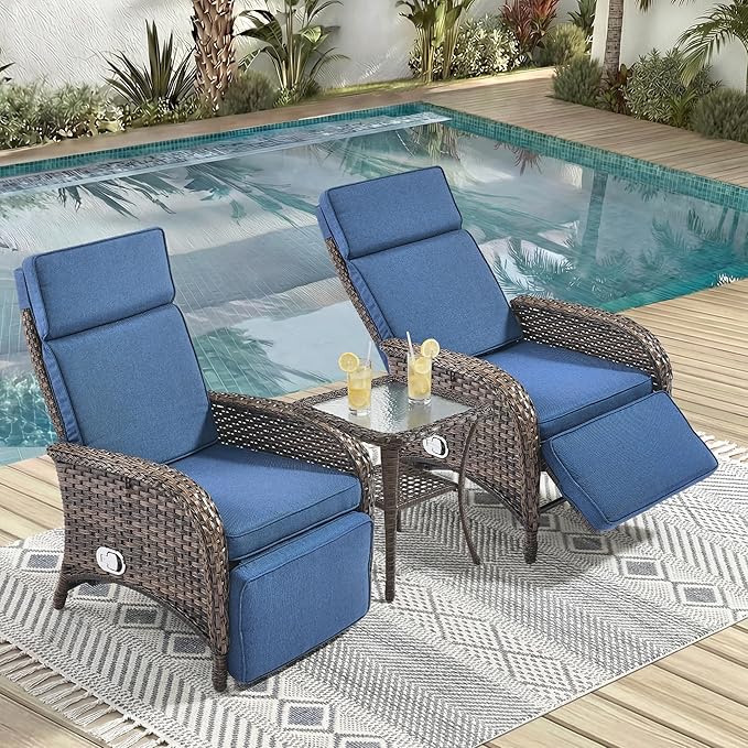 3 Pieces Zero Gravity Wicker Patio Recliner Chairs Set of 2 - Wicker Outdoor Lounge Chair with Side Table, Adjustable Backrest & Footrest, High Back Outdoor Recliner Chair for Pool Deck Blue by JelwalyPatioFurnitureSet