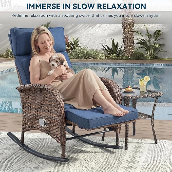 3 Pieces Zero Gravity Wicker Patio Rocking Recliner Chairs Set of 2 - Wicker Outdoor Lounge Chair with Side Table, Adjustable Backrest & Footrest, High Back Outdoor Recliner Chair for Pool Deck Blue - Image 4