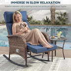 3 Pieces Zero Gravity Wicker Patio Rocking Recliner Chairs Set of 2 - Wicker Outdoor Lounge Chair with Side Table, Adjustable Backrest & Footrest, High Back Outdoor Recliner Chair for Pool Deck Blue - Image 4