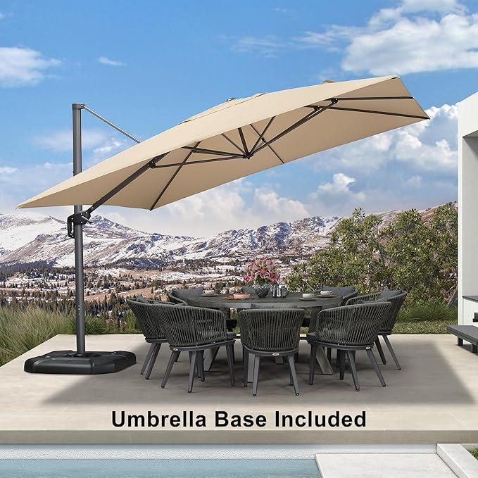 PURPLE LEAF 11.5' X 11.5' Telescopic Patio Umbrella with Base Included Lifting Cantilever Offset Square Large Umbrella for Pool Outdoor Patio Deck Garden Beige - Image 2