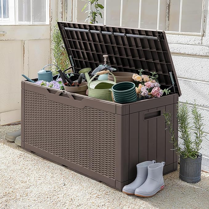 Greesum 100 Gallon Resin Patio Storage Box for Garden Tools, Outdoor Furniture Cushions, Pool Supplies, Dark Brown - Image 3