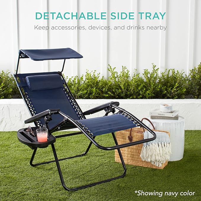 Best Choice Products Folding Zero Gravity Outdoor Recliner Patio Lounge Chair w/Adjustable Canopy Shade, Headrest, Side Accessory Tray, Textilene Mesh - Mint - Image 7