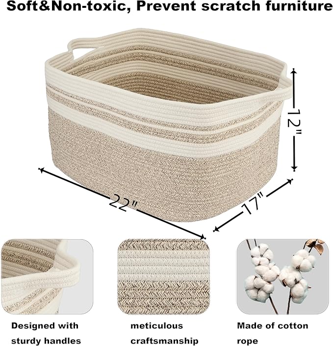 Large Rectangle Blankets Basket Living Room 22"x17"x12" Woven Cotton Rope - Image 2