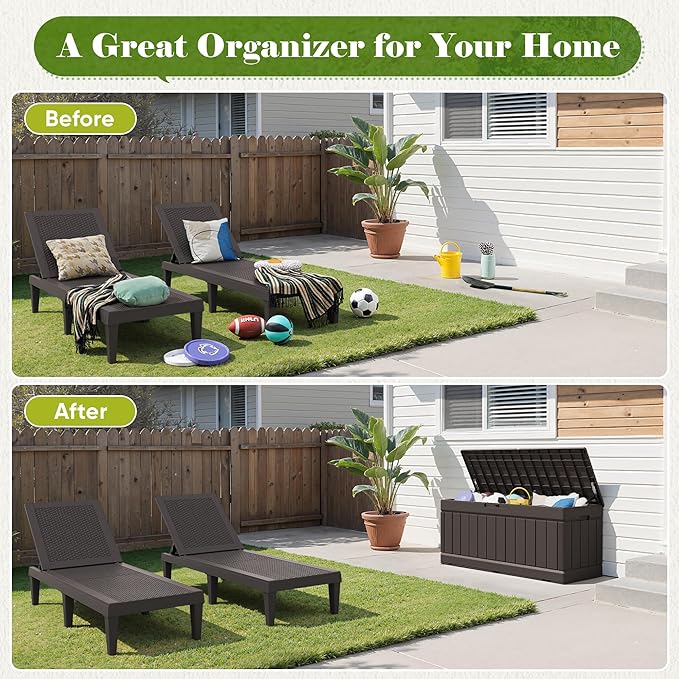 Flamaker Outdoor Storage Box 80 Gallon Resin Waterproof Deck Box Delivery Box with Wood Texture Large Storage Bin for Patio Cushions (Brown) - Image 6