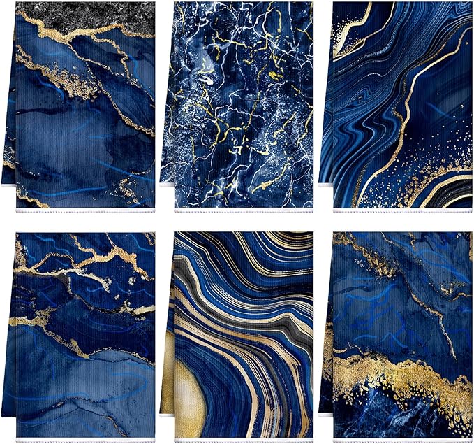Boyiee 6 Pcs Marble Hand Towels Blue and Gold Towels Navy Blue Kitchen Towel by Boyiee