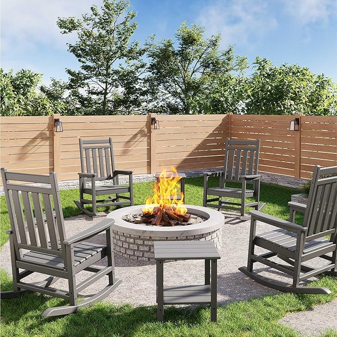 HDPE Rocking Chair Outdoor Set of 2 with Side Table - Poly High Back Porch Rocker Chairs for Adults - All Weather Resistant Furniture for Patio Front Porch - Gray - Image 9