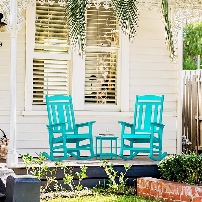 LUE BONA Outdoor Rocking Chairs Set of 2, HDPS Porch Rocker with High Back, Plastic Weather Resistant Rocking Chairs for Outdoor Indoor, Garden, Backyard, 350lb,Aruba Blue - Image 5