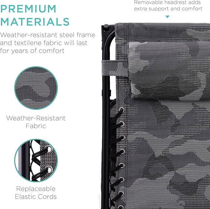 Best Choice Products Folding Zero Gravity Outdoor Recliner Patio Lounge Chair w/Adjustable Canopy Shade, Headrest, Side Accessory Tray, Textilene Mesh - Camouflage - Image 6